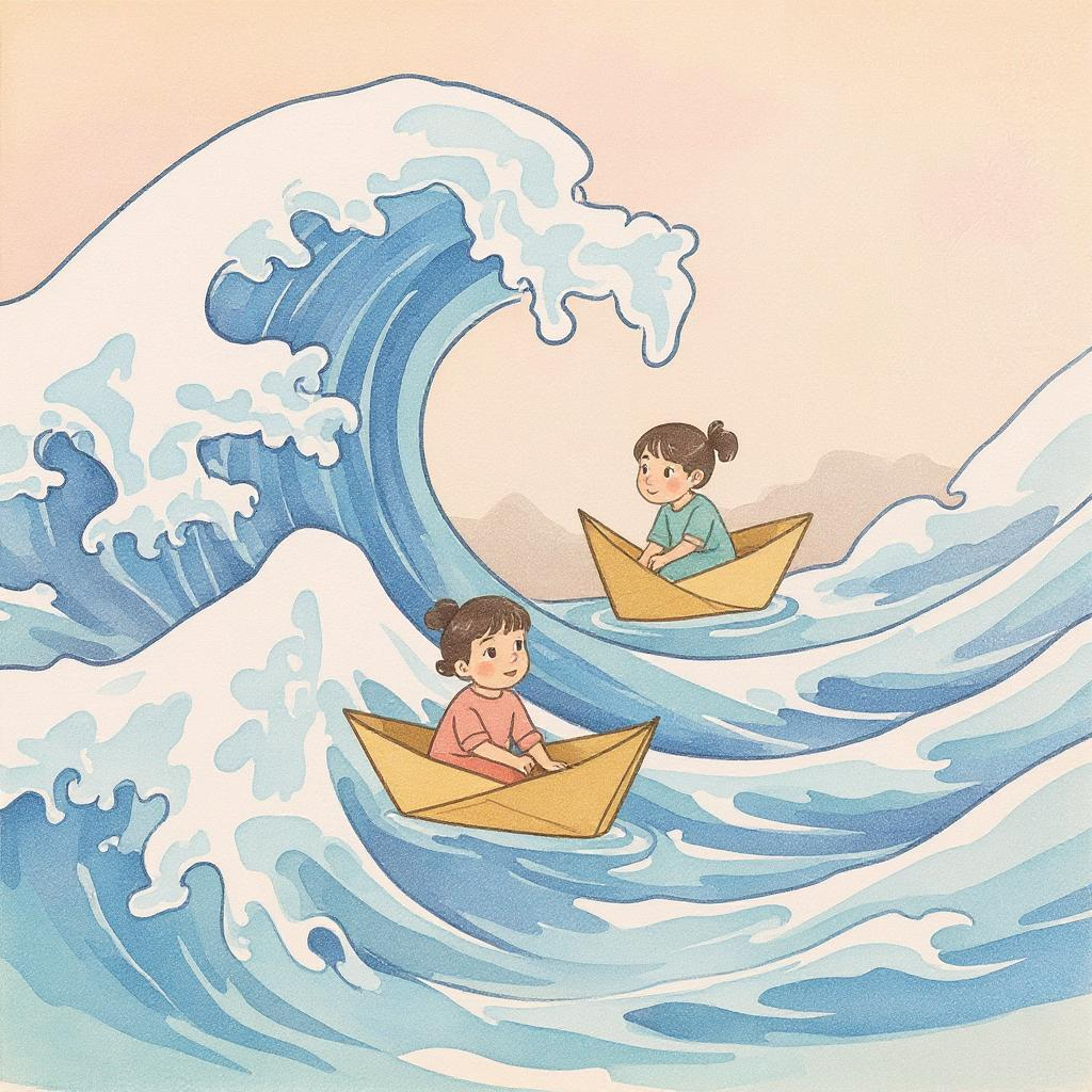 Children in Paper Boats on Waves